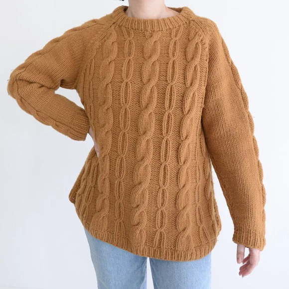 Handmade Mustard Yellow Aran Irish Design Knit Thick  Wool Crewneck Sweater M - Picture 1 of 11